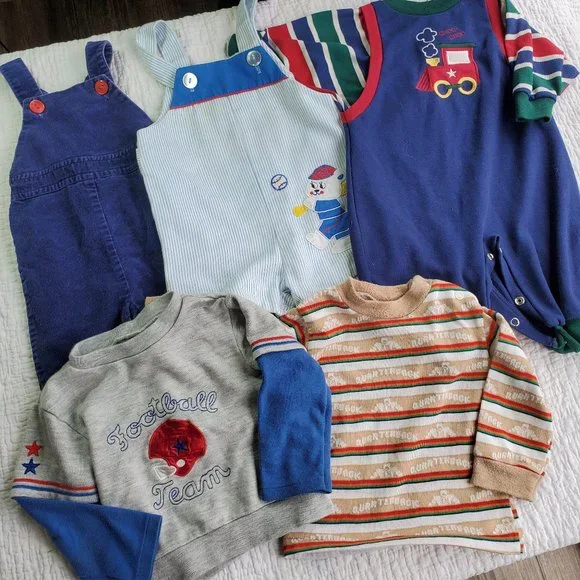 Vintage 70s 80s Baby Boy Lot Set of 5 TShirt Overalls Jumpsuit Blue 6/9 Months - Picture 2 of 16